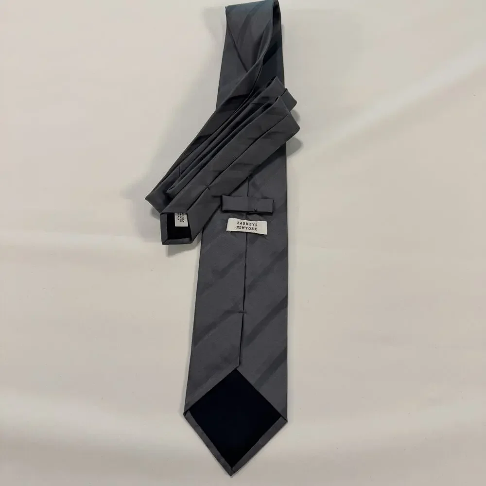 Barneys New York Gray And Black Striped 100% Italian Silk Tie